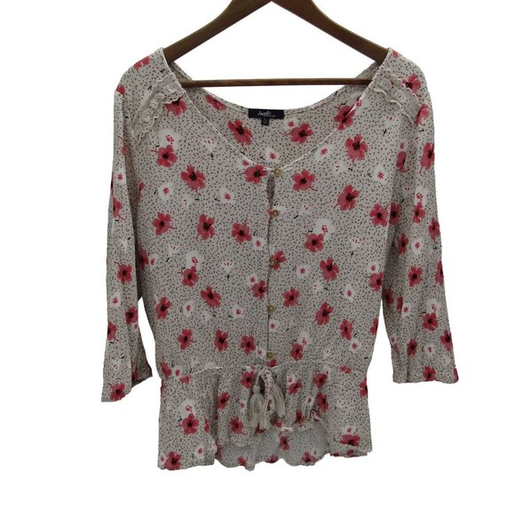 Angels Womens 3/4 Sleeve Button Front Floral Peplum Blouse Top XL Casual Rayon - Picture 3 of 14